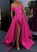 A Line Off The Shoulder Strapless Long Floor Length Satin Prom Dresses With Split