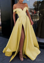 A Line Off The Shoulder Strapless Long Floor Length Satin Prom Dresses With Split