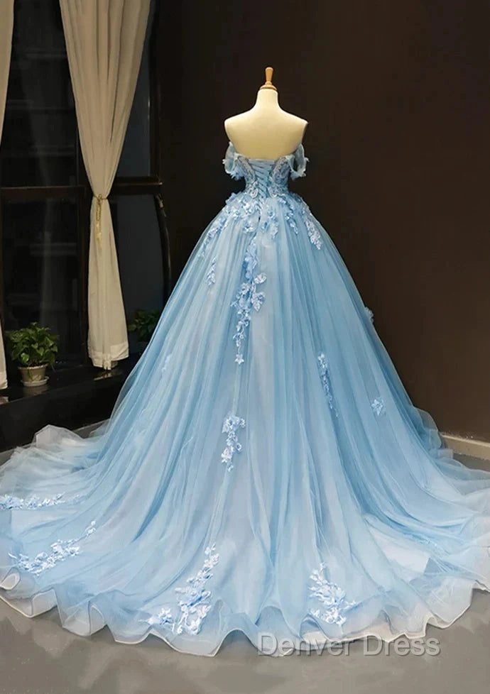 A Line Off The Shoulder Sweetheart Sweep Train Tulle Prom Dress, Sky Blue Applique Wedding Dresses