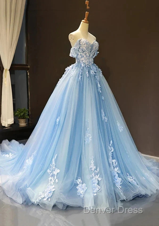 A-Line Off-The-Shoulder Sweetheart Sweep Train Tulle Prom Dresses, Sky Blue Applique Wedding Dresses