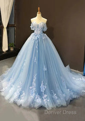 A-Line Off-The-Shoulder Sweetheart Sweep Train Tulle Prom Dresses, Sky Blue Applique Wedding Dresses