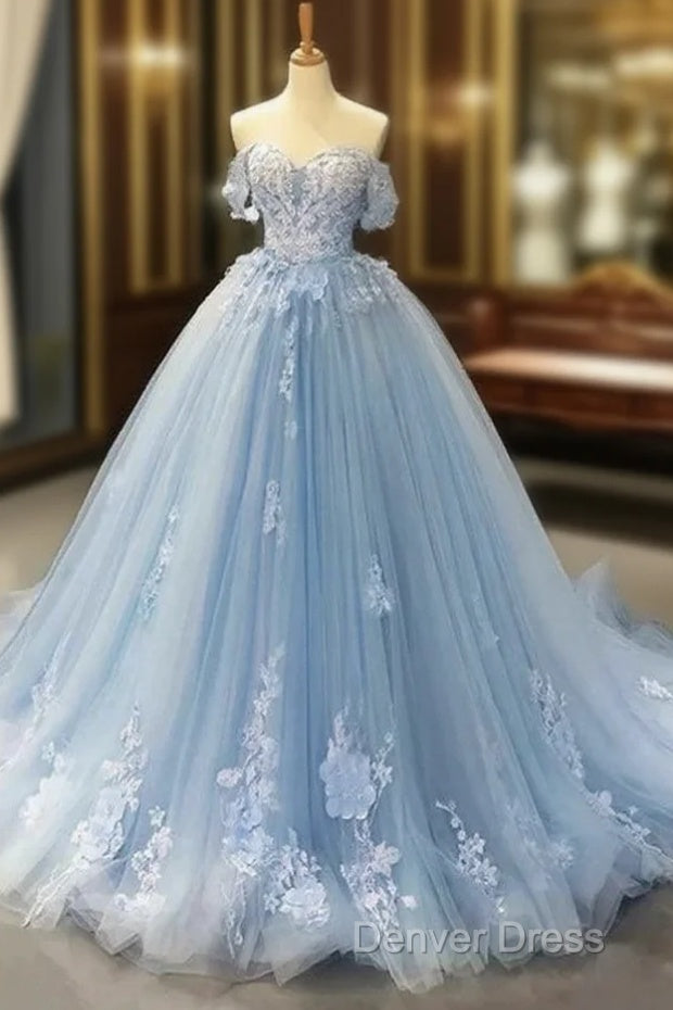 A-Line Off-The-Shoulder Sweetheart Sweep Train Tulle Prom Dresses, Sky Blue Applique Wedding Dresses Main image