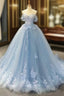 A-Line Off-The-Shoulder Sweetheart Sweep Train Tulle Prom Dresses, Sky Blue Applique Wedding Dresses