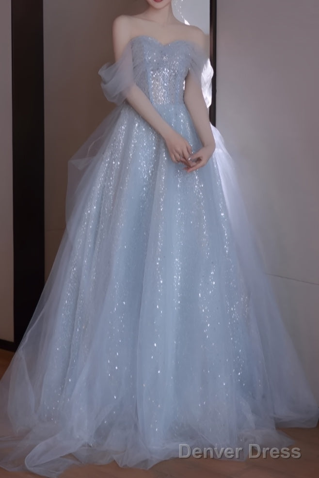 A line Off The Shoulder Tulle Gray Party Dresses Long Prom Dresses