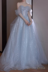 A line Off The Shoulder Tulle Gray Party Dresses Long Prom Dresses