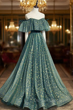 A-Line Off the Shoulder Tulle Long Prom Dresses, Green Evening Party Dresses