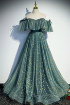 A Line Off the Shoulder Tulle Long Prom Dress, Green Prom Dresses