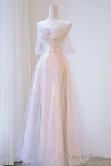 A Line Off The Shoulder Tulle Pink Prom Dresses Evening Dress