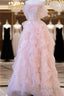 A Line Off The Shoulder Tulle Pink Tiered Prom Dresses Evening Dresses