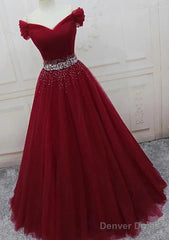 A Line Off The Shoulder Tulle Purple Prom Dresses With Beaded