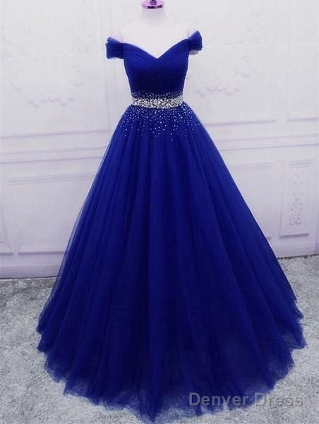 A Line Off The Shoulder Tulle Purple Prom Dresses With Beaded
