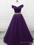 A Line Off The Shoulder Tulle Purple Prom Dresses With Beaded