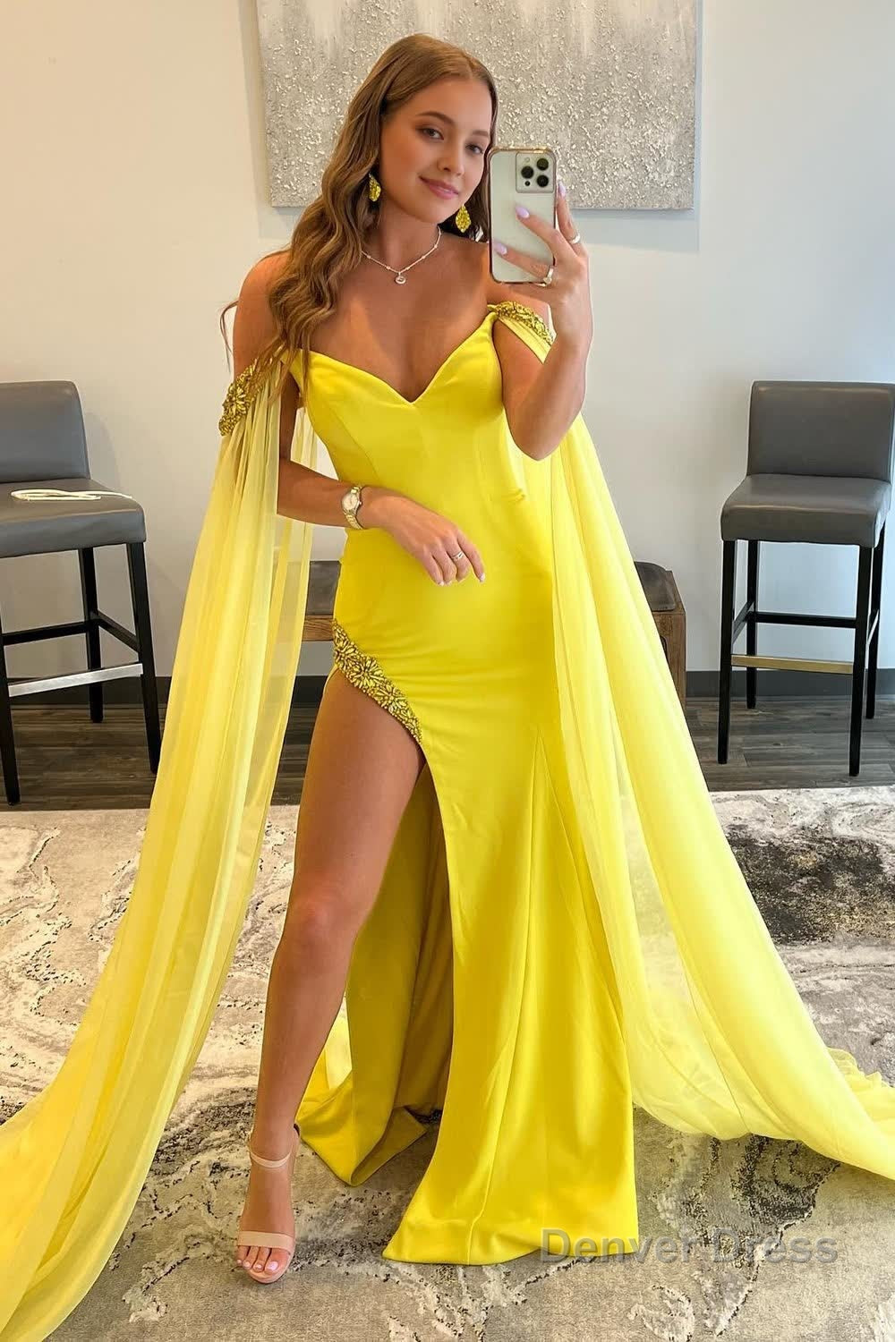 A Line Off the Shoulder Yellow Long Prom Dress with Slit Main image
