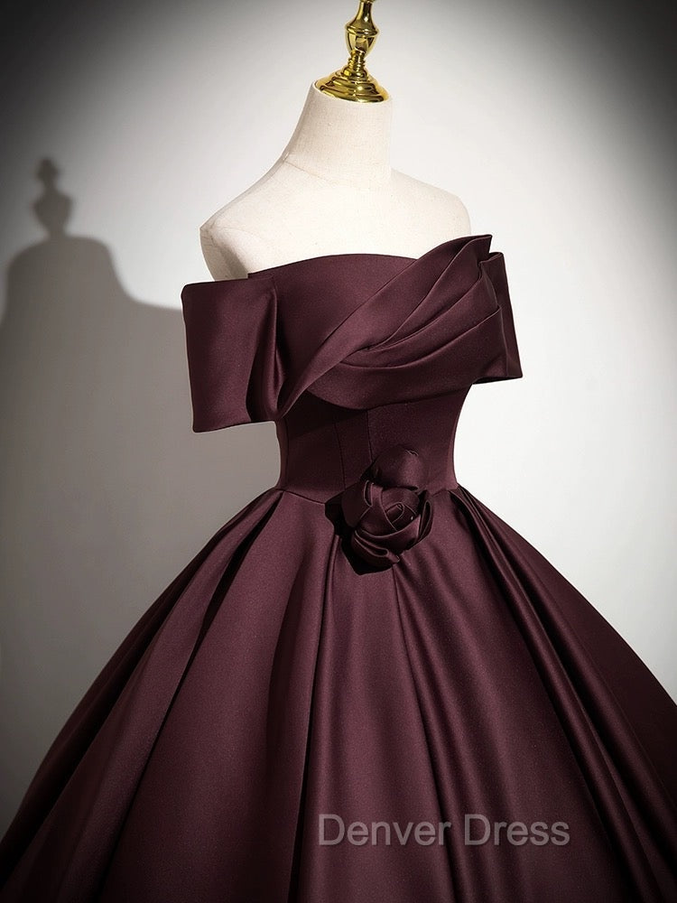 A-Line Off the Shoulders Satin Maroon Long Prom Dresses, Maroon Long Formal Dresses Secondary image