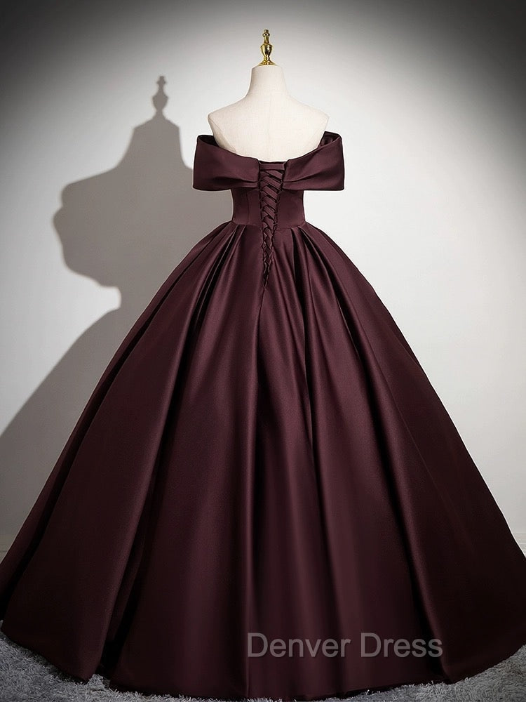 A-Line Off the Shoulders Satin Maroon Long Prom Dresses, Maroon Long Formal Dresses