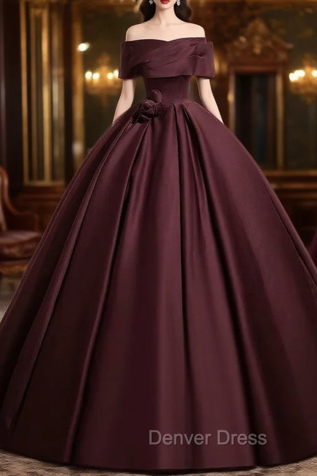 A-Line Off the Shoulders Satin Maroon Long Prom Dresses, Maroon Long Formal Dresses