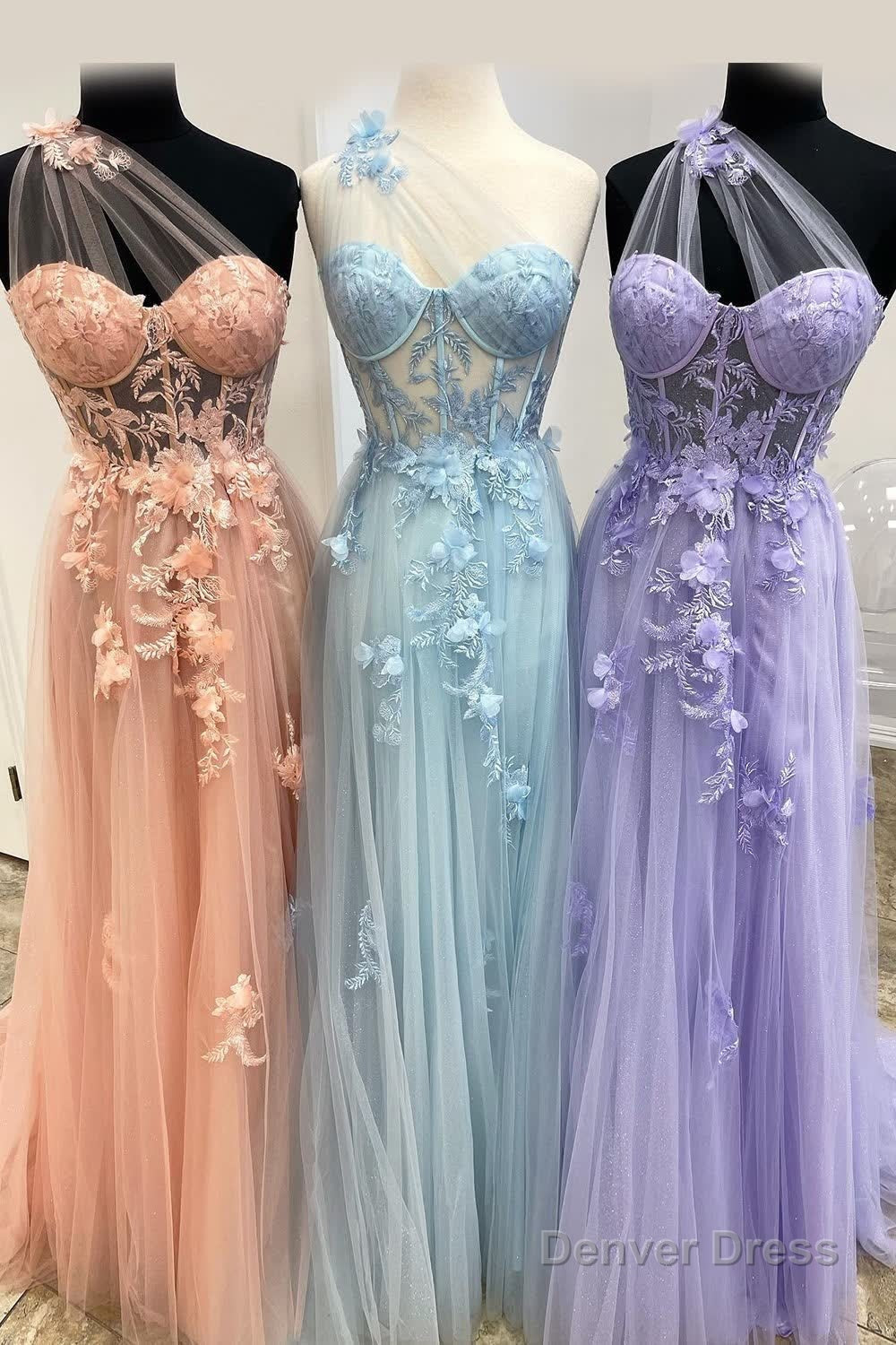 A Line One Shoulder Black Long Prom Dresses with Appliques