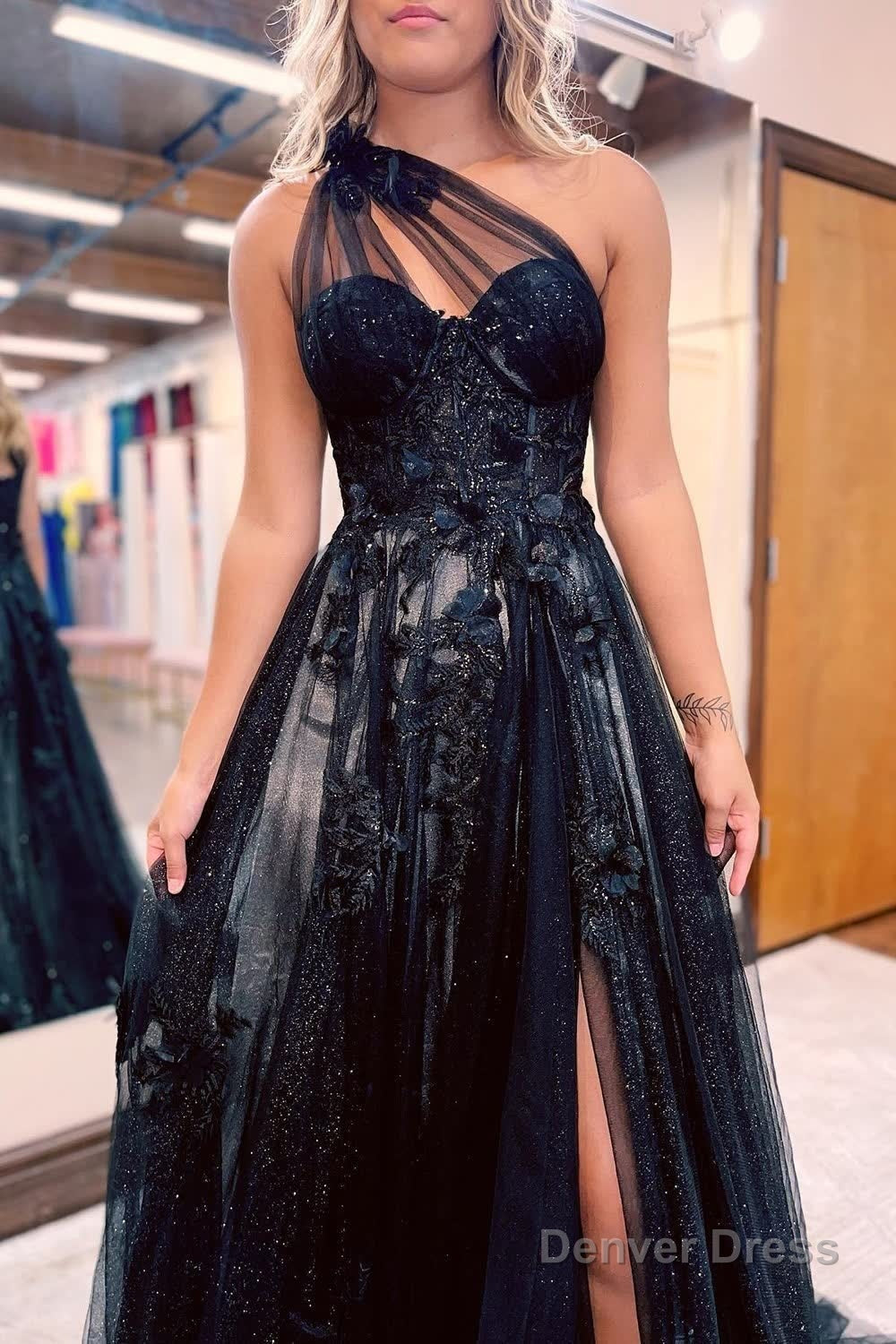 A Line One Shoulder Black Long Prom Dresses with Appliques Secondary image