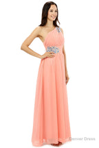 A Line One Shoulder Chiffon Beaded Crystals Coral Bridesmaid Dresses