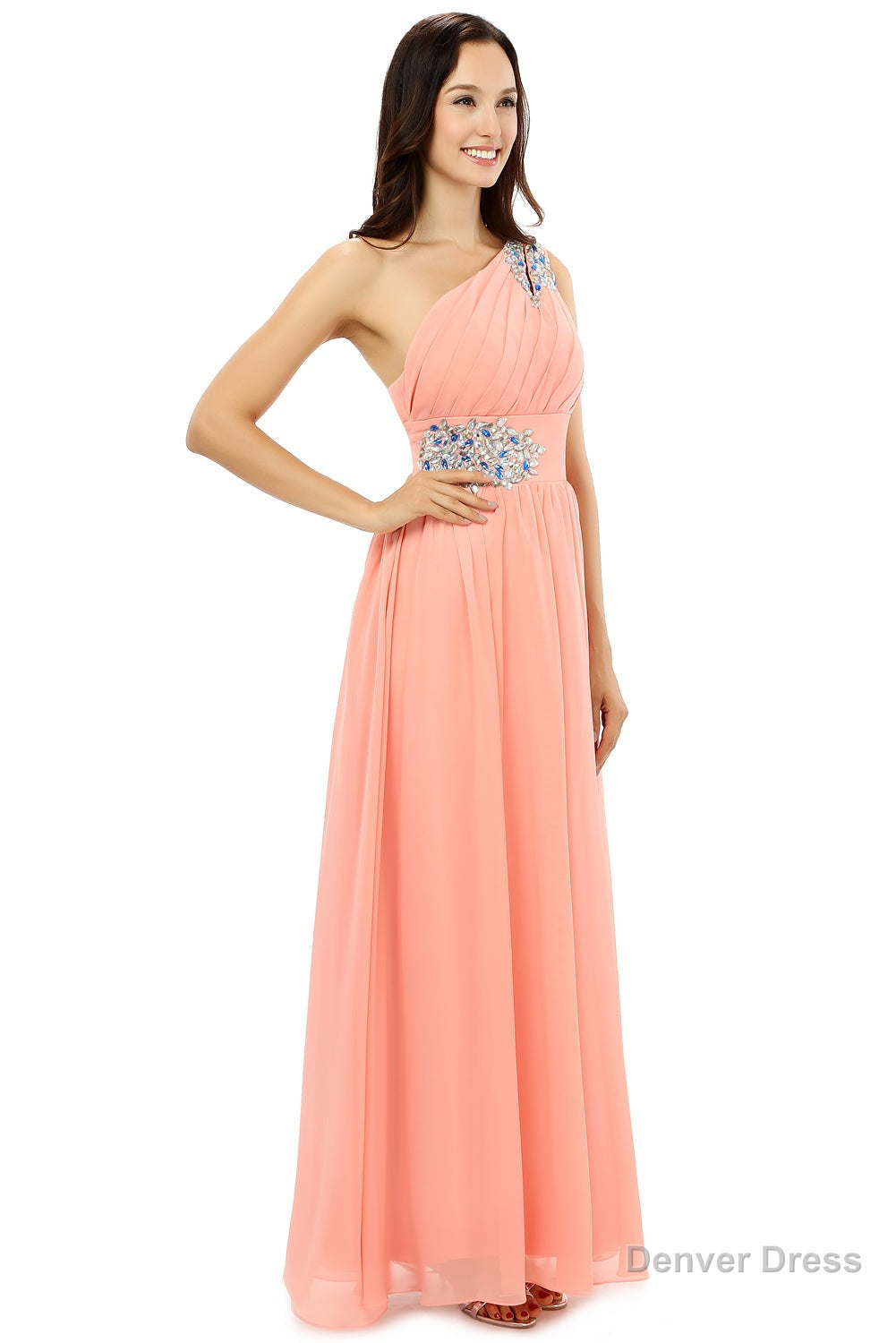 A-line One-shoulder Chiffon Beaded Crystals Coral Bridesmaid Dresses Secondary image