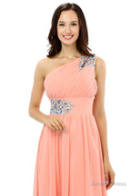 A-line One-shoulder Chiffon Beaded Crystals Coral Bridesmaid Dresses