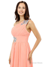 A Line One Shoulder Chiffon Beaded Crystals Coral Bridesmaid Dresses