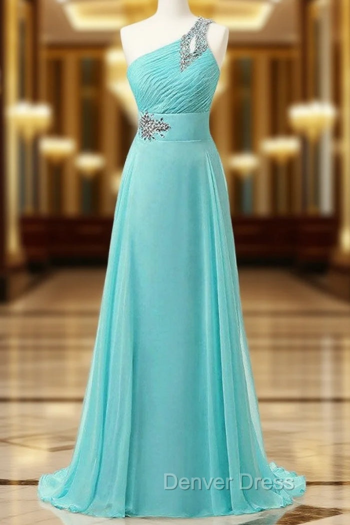 A Line One Shoulder Chiffon Pleats Crystal Bridesmaid Dresses Main image