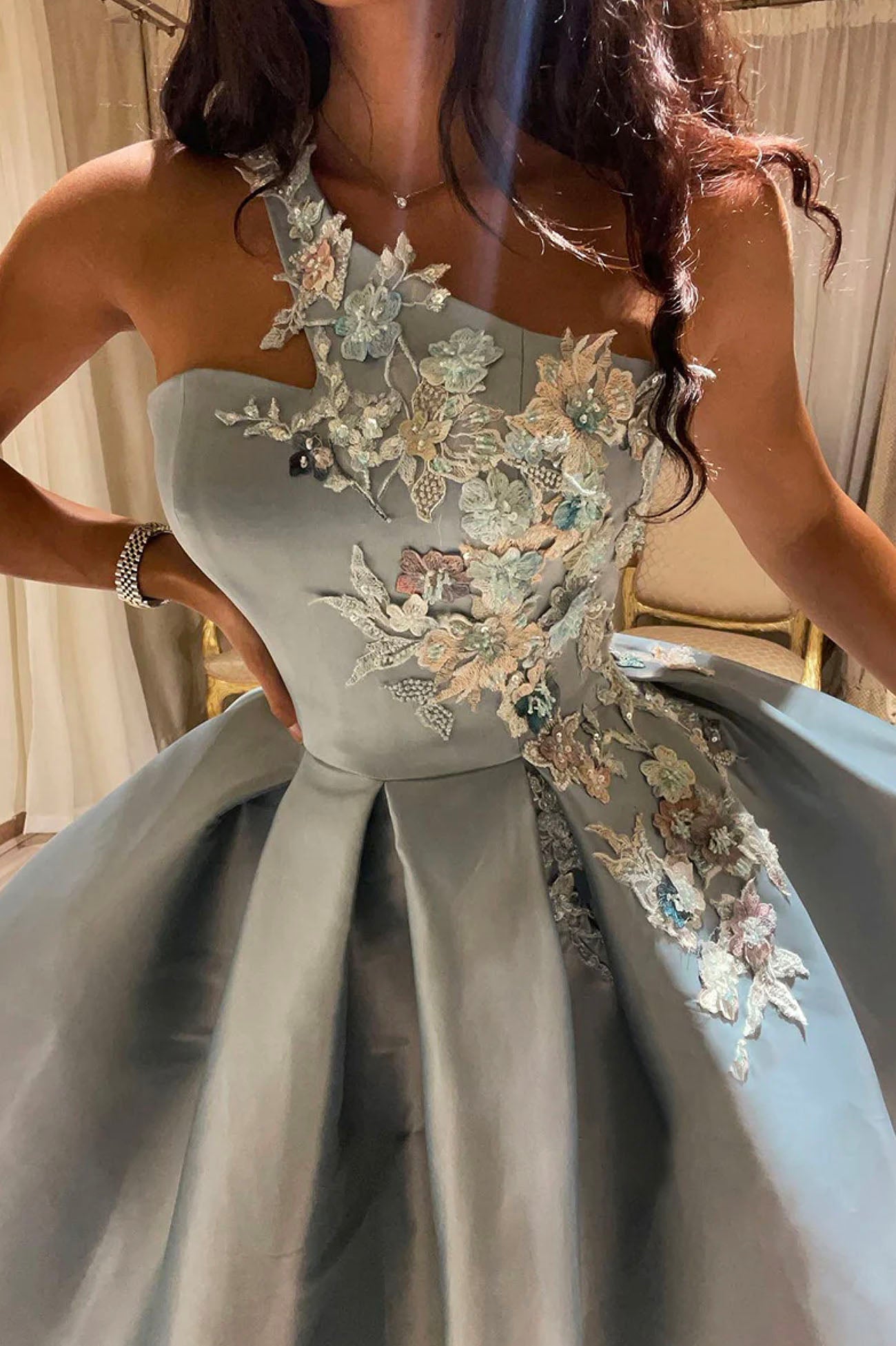 Cute One Shoulder Satin Lace Short Prom Dress, A-Line Prom Dresses Secondary image