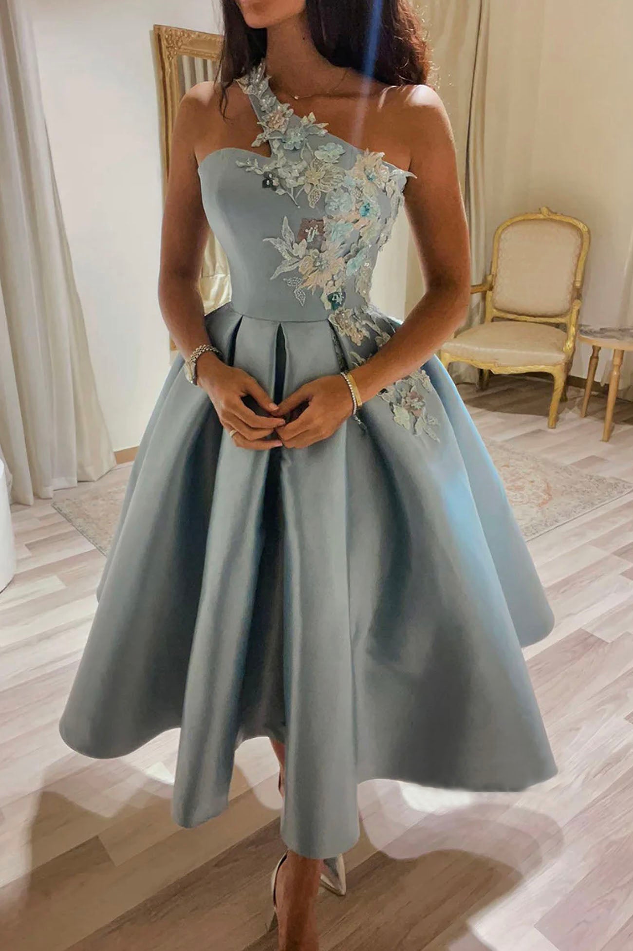 Cute One Shoulder Satin Lace Short Prom Dress, A-Line Prom Dresses Main image