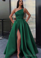 A-line One-Shoulder Long/Floor-Length Satin Prom Dresses With Pockets Waistband Split