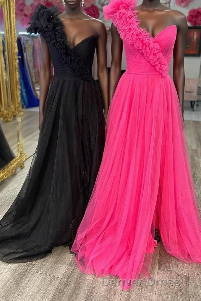 A-Line One Shoulder Long Tulle Prom Dresses with Ruffles Main image
