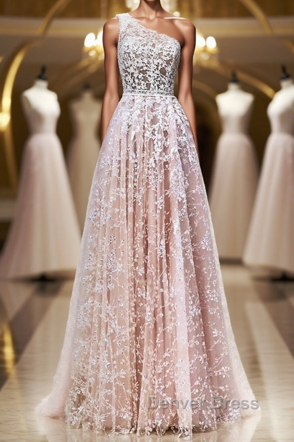 A Line One Shoulder Pink Lace Long Prom Dress, Pink Lace Prom Dress, Pink Prom Dresses