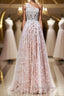 A Line One Shoulder Pink Lace Long Prom Dress, Pink Lace Prom Dress, Pink Prom Dresses