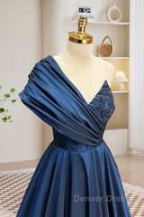 A-Line One Shoulder Satin Beads Dark Blue Long Prom Dresses, Blue Long Evening Dresses