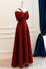 A-Line One Shoulder Satin Burgundy Long Prom Dresses, Burgundy Long Formal Dresses