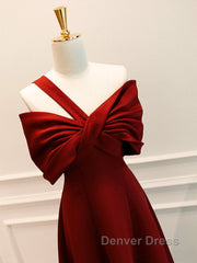 A-Line One Shoulder Satin Burgundy Long Prom Dresses, Burgundy Long Formal Dresses
