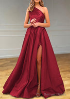A-line One-Shoulder Satin Prom Dresses With Pleated Split