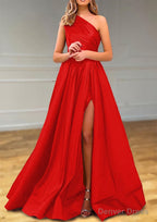 A Line One Shoulder Satin Prom Dresses With Pleated Split
