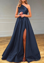 A-line One-Shoulder Satin Prom Dresses With Pleated Split