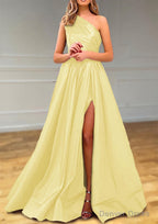 A Line One Shoulder Satin Prom Dresses With Pleated Split