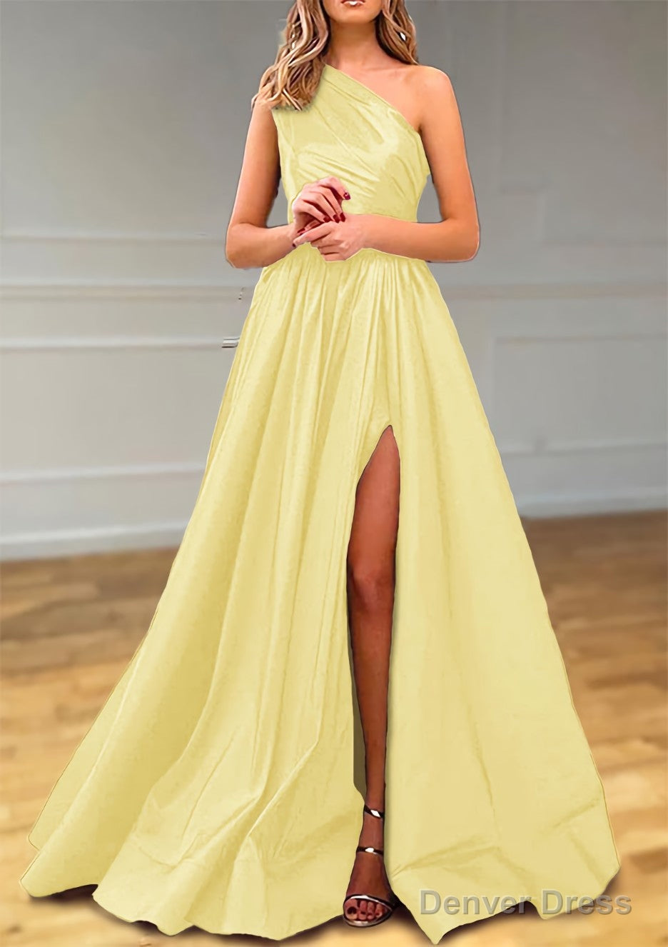 A Line One Shoulder Satin Prom Dresses With Pleated Split