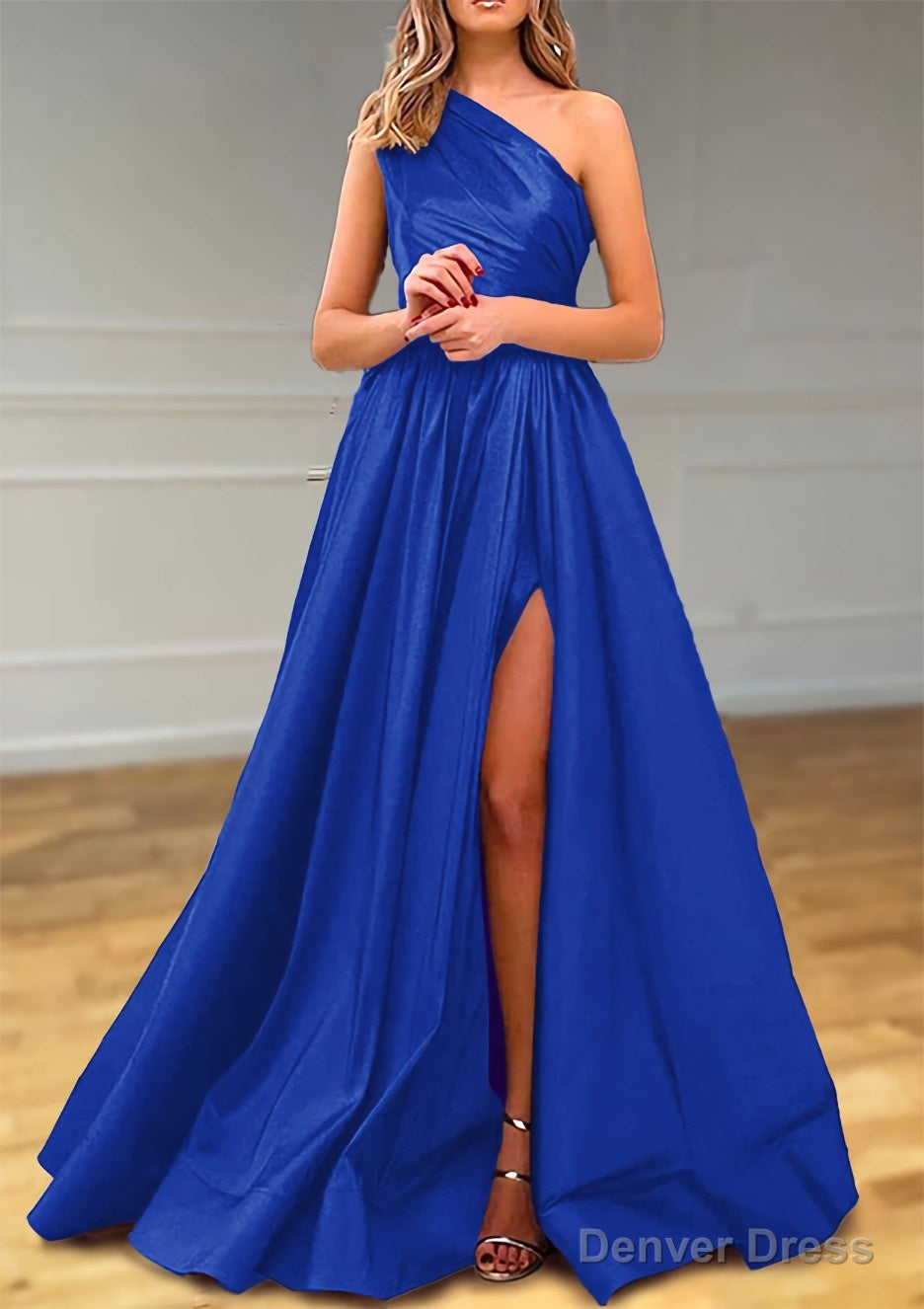A-line One-Shoulder Satin Prom Dresses With Pleated Split