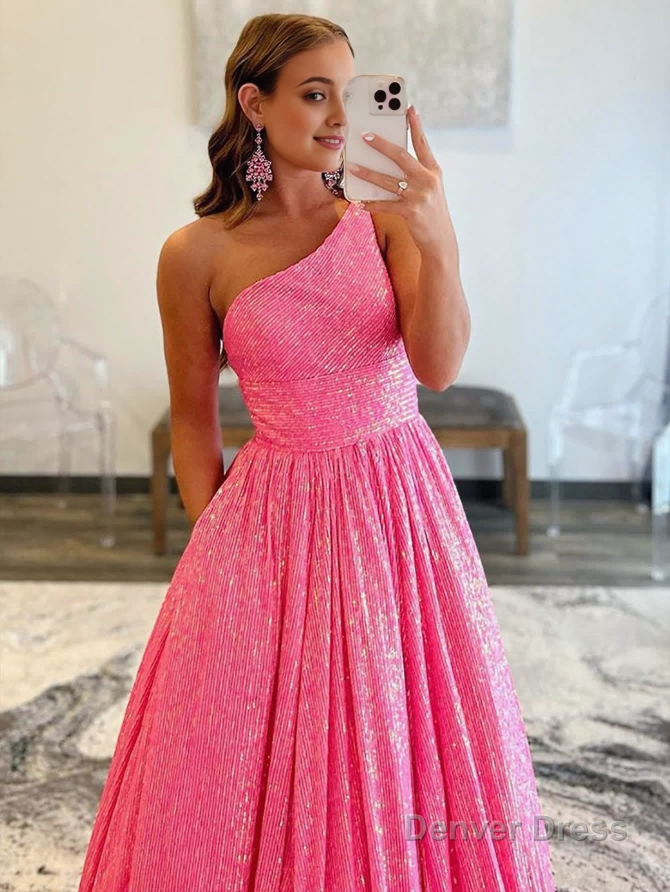 A-Line One Shoulder Sequins Prom Dress with Pockets