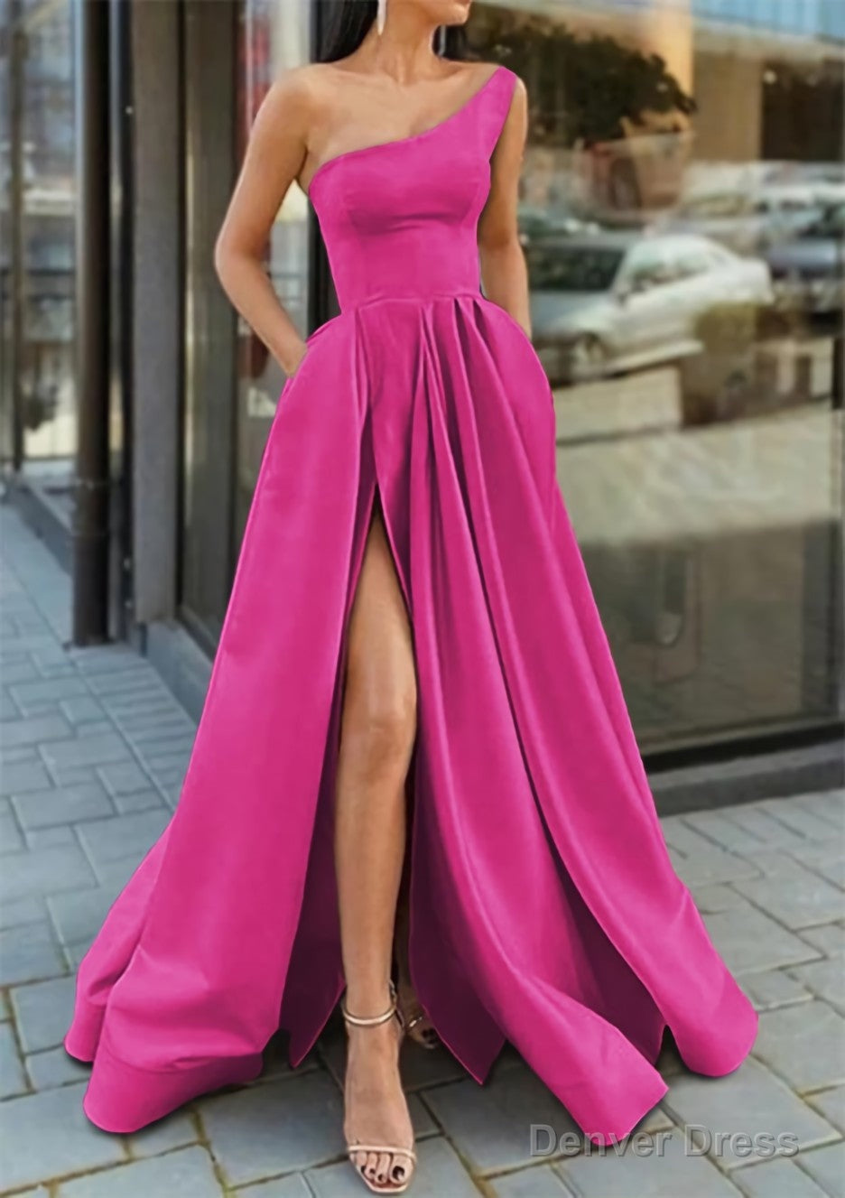 A Line One Shoulder Sleeveless Long Floor Length Satin Prom Dresses With Ruffles Split