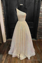 A Line One Shoulder Sleeveless Long Floor Length Sequined Prom Dresses With Pockets