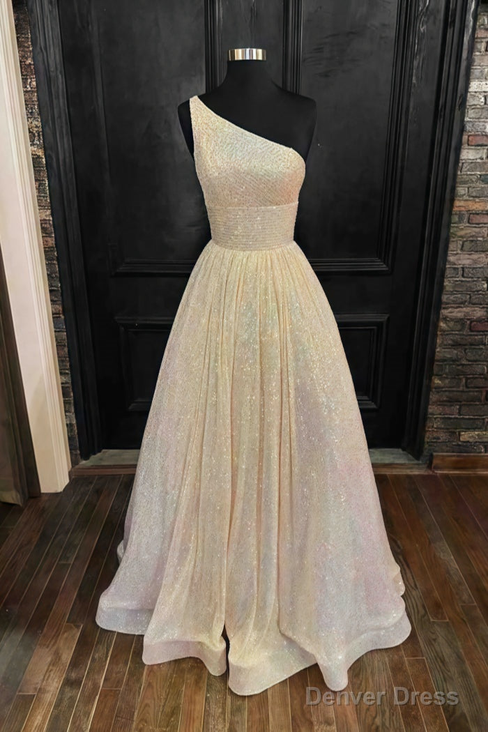 A Line One Shoulder Sleeveless Long Floor Length Sequined Prom Dresses With Pockets