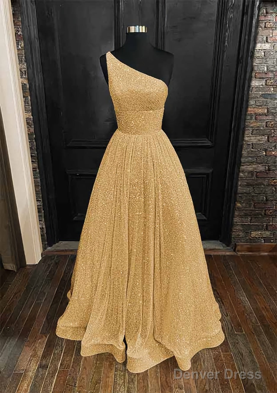 A Line One Shoulder Sleeveless Long Floor Length Sequined Prom Dresses With Pockets