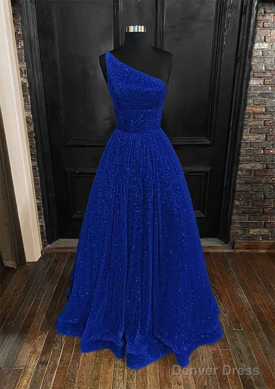 A Line One Shoulder Sleeveless Long Floor Length Sequined Prom Dresses With Pockets