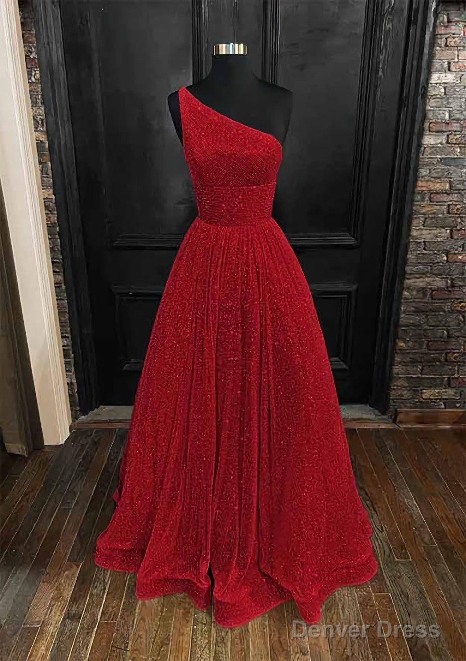 A Line One Shoulder Sleeveless Long Floor Length Sequined Prom Dresses With Pockets