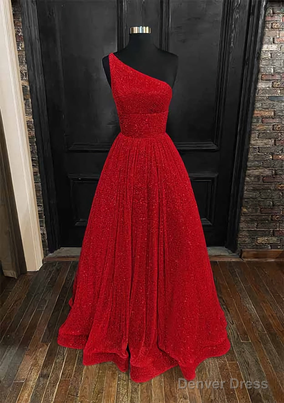 A Line One Shoulder Sleeveless Long Floor Length Sequined Prom Dresses With Pockets